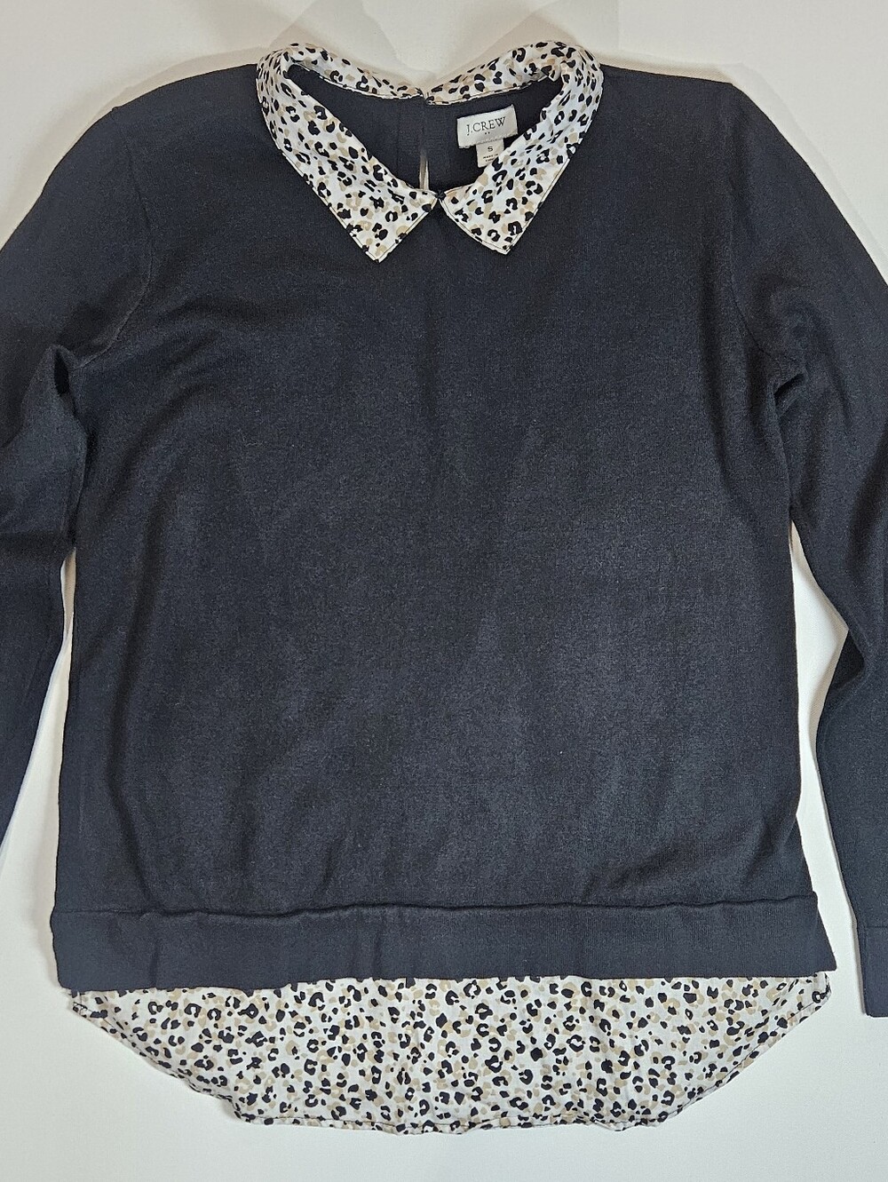 J. Crew Woven Collar Sweater Women Small Black Layered Leopard Contrasting Print
